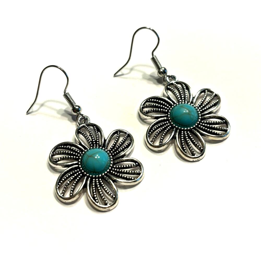 Silver & blue pierced earrings drop dangle flowers southwest Boho hippie design